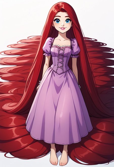 score_9, score_8_up, source_anime, highly detailed, 1girl, solo,
kairi, 1girl, solo, blue eyes, red hair, (absurdly long hair, very long hair:1.2), sup3rh41rh41rsc4p3, SuperHairHairscape, Super Hair Hairscape, 1girl, Rapunzel, Disney, \(Tangled\)/,(ultra HD quality details), straight hair, pale skin, beautiful face, cute, pink lips, rosy cheeks, light freckles around her nose, Dress, Dirndl, purple dress with a pink accent, lavender corset top, Juliet sleeves, laced, pink ribbon, long skirt, barefoot, smile, full body, jewelry, 5_fingers, human child,
outdoor, simple background