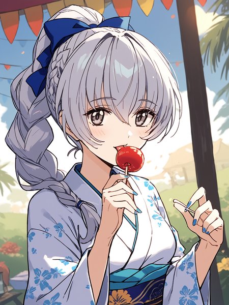 score_9, score_8_up, score_7_up, score_6_up, source_anime, BREAK
1girl, <lora:FMP_Teletha_Testarossa_Pony_v1:0.9>, (ultra-detailed:1.5), (outdoors, summer festival, japanese festival:1.5), grey hair, grey eyes, blue bow, braided ponytail, japanese clothes, (white kimono:1.5), wide sleeves, sash, blue floral print, blue obi, geta, blue nails, (holding candy apple:1.3), licking,