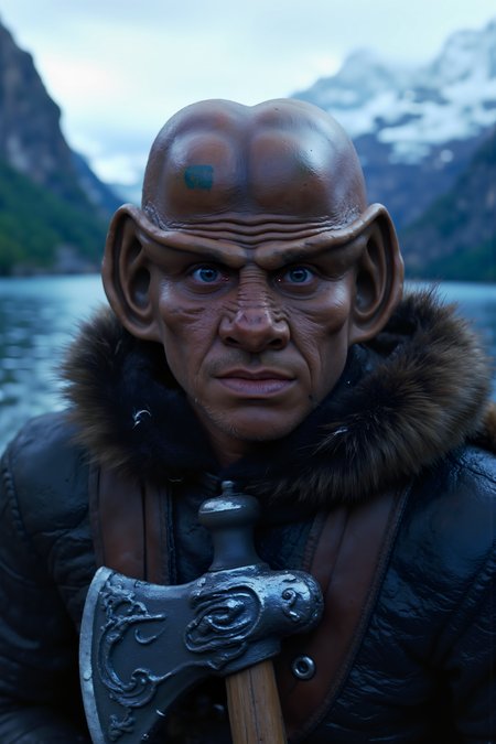A hyper-realistic close-up of a ferengi warrior. His piercing blue eyes reflect the light of a nearby fire, almost glowing with intensity. The scars on his face tell stories of brutal raids and fierce battles. The background is a misty fjord, with dark, jagged mountains looming in the distance, creating a cold, foreboding atmosphere. His fur-lined cloak is dusted with frost, and the hilt of a heavy axe is clenched tightly in his hand. Realistic highlights on the rough leather armor and the intricate carvings on his axe create a sense of worn, brutal craftsmanship. His eyes are locked forward, filled with a fierce determination as he prepares to embark on another ruthless journey across the icy seas.<lora:aidmaMJ6.1-FLUX-V0.1:0.6><lora:Movie_Portrait><lora:Flux DetailerV2><lora:ferengiV1_FLUX>