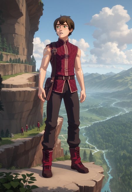 Score_9, Score_8, Score_7, TDPStyle, TDPStyle, TeCal, Red Vest, Sleeveless Vest, Red Vest, Green Eyes, White Runes on Arms, standing on cliff edge