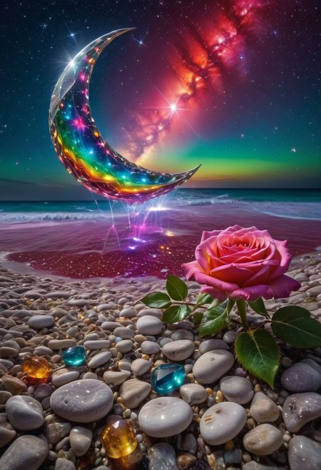 a starlit sky, a magical smartphone captures the essence of a vibrant rainbow, colorful roses, and sparkling crystal pebbles. This celestial device, bathed in the light of stars, shooting stars, a silver crescent moon, and the Milky Way, creates a dreamlike ambiance. It weaves a rich tapestry of colors, transitioning from vivid reds to deep purples, and spanning hues of pink, yellow, blue, and green.