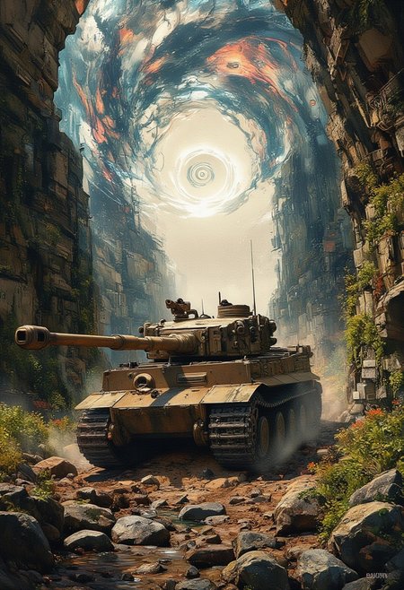 A detailed image of a portal to another dimension from which a tiger tank emerges towards us. a portal in the form of a swirling vortex of energy and particles, moving plasma and fractal discharges. The tank has half-emerged from the portal and we see its tank armor. on one side of the portal there is a summer environment.