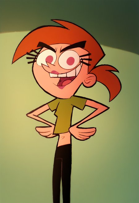 <lora:Vicky2.0:1.1>vicky, solo, smile, open mouth, standing, lipstick, midriff, ponytail, orange hair, teeth, black pants, hands on hips, green crop top, score_9, score_8_up, score_7_up, score_6_up, score_5_up, score_4_up, looking at viewer,