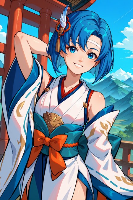 score_9, score_8_up, score_7_up, score_6_up, source_anime, 1girl, solo,  <lora:fecatria-pdxl-nvwls-v1-000006:1> wndCtra, blue hair, medium hair, blue eyes, white headband, japanese clothes, sash, white kimono, bare shoulders, wide sleeves, looking at you, blue sky, mountains, smile, arm up