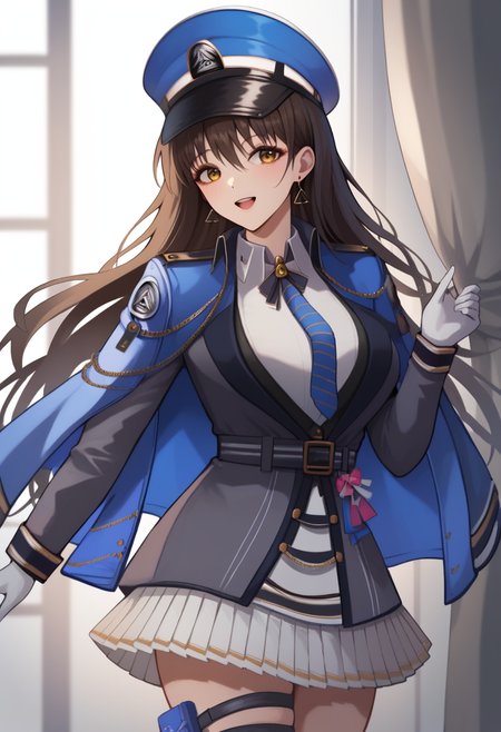 score_9,score_8_up,score_7_up,<lora:diesel_(nikke):1>,1girl,diesel_\(nikke\),long_hair,blue_necktie,brown_eyes,military_hat,black_hair,military_uniform,blue_hat,white_shirt,peaked_cap,collared_shirt,white_skirt,striped_necktie,pleated_skirt,