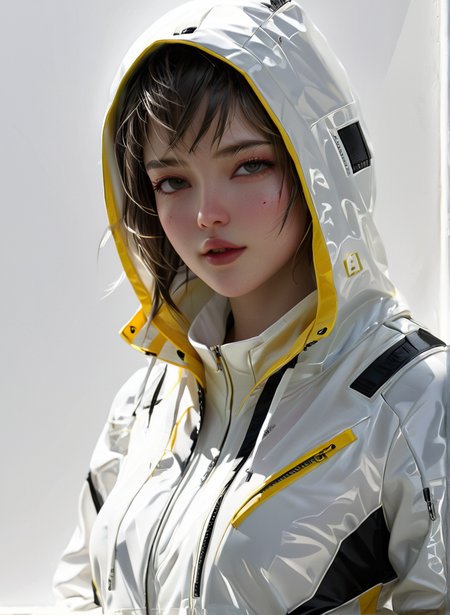 masterpiece,high resolution,shadow detail,natural light,
 <lora:TechWearXL:0.8>,
techwear, 
 1girl, solo,,looking at viewer, parted lips, hood up,  upper body,white jacket