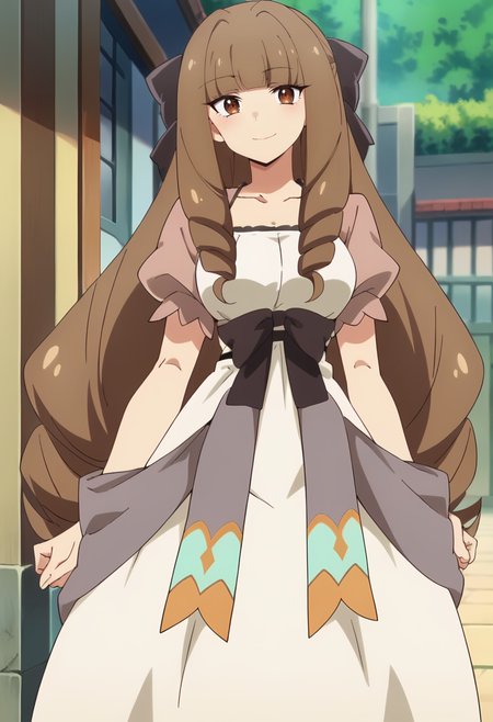 <lora:Elizabeth Klyrode:0.9> elizabeth klyrode, 1girl, brown hair, long hair, blunt bangs, brown eyes, solo, drill hair,    white dress, short sleeves black bow, hair bow,puffy sleeves, puffy short sleeves,colorful shawl, ribbon, cowboy shot, looking at viewer, smile, score_9, score_7_up,anime coloring ,source_anime, anime