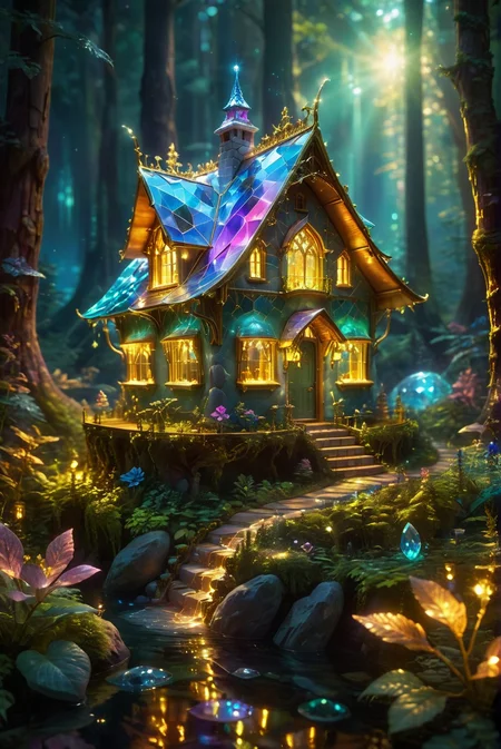 Freshideas Levitation, Holographic crystal cottage, Wireframe Hologram, 3D,
In the evening. A close-up view of a luxurious crystal cottage captured using tilt-shift photography. The vibrant, iridescent cottage is nestled in a lush forest, creating a fantastical and dreamlike scene. The intricate details of the crystal structure are highlighted, and the vibrant colors shimmer and glow. The surreal and magical atmosphere is enhanced by the blurred background, making the crystal cottage stand out as a focal point of enchantment in the forest.
<lora:20240614-1718326897684:1.0>,
<lora:add-detail-xl:1.0>,
<lora:EnvyBetterHiresFixXL01:1.0>,
<lora:extremely_detailed:1.0>, extremely detailed,
<lora:EldritchMixIllustration_1.1:0.25>,
<lora:SDXLFaeTastic2400:0.6>,
<lora:zavy-cntrst-sdxl:0.6> dark, chiaroscuro, low-key,