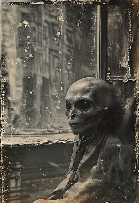B&W 35mm vintage street photo of an alien sitting in a New York apartment, <lora:Vintage_Street_Photo:1.0>