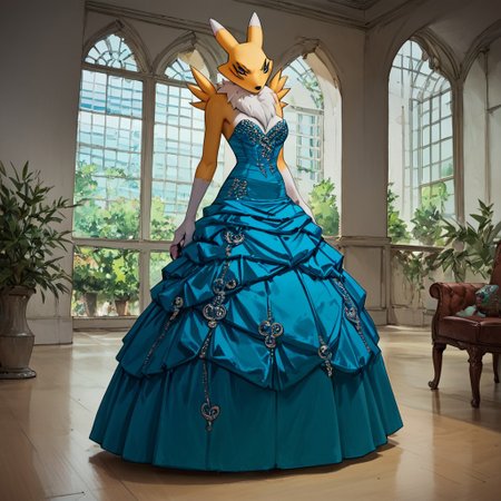 three_quarter_view ,score_9, score_8_up, score_7_up, score_6_up, score_5_up, score_4_up, source_furry, rating_explicit,
Renamon at a ball full of people, she is wearing a ballgown and dancing