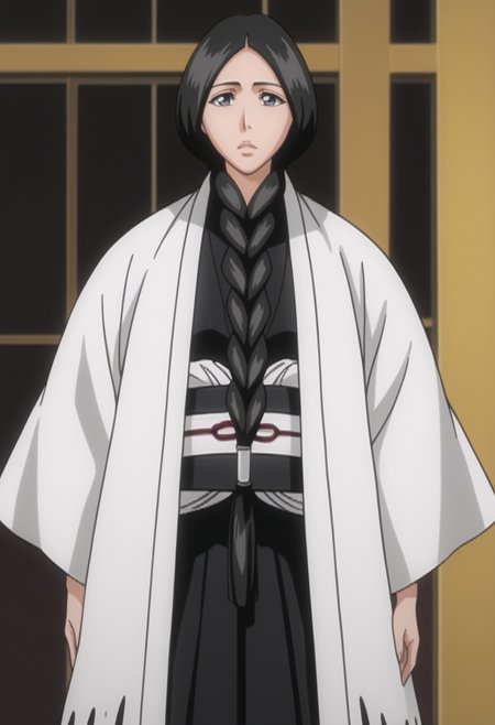 score_9, score_8_up, score_7_up, source_anime, BREAK 1girl, solo, <lora:DX888Retsu:1>, unohana retsu,   black hair, single braid, black hakama, white haori