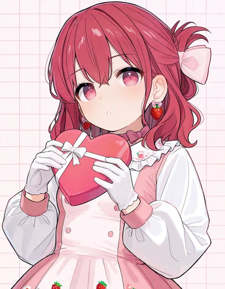 masterpiece, best quality, high quality, <lora:gachigachi:1> gachigachi, grid background, strawberry, cake, flower, pink theme,
BREAK 1girl, solo, small breasts, red hair, medium hair, folded ponytail, wispy bangs, wavy hair, hair bow, bow earrings, pink bow, bow choker, frilled dress, frilled collar, strawberry print, white dress, pink dress, two-tone dress, puffy long sleeves, white gloves, upper body, holding box, heart-shaped box, hands up, parted lips, looking at viewer