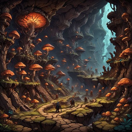 outline, lmnoutln, masterpiece, best quality, outline style, fine lines, straight lines, thin lines, detailed, A group of adventurers exploring a vast underground cavern filled with glowing mushrooms, ancient ruins, and dangerous creatures.