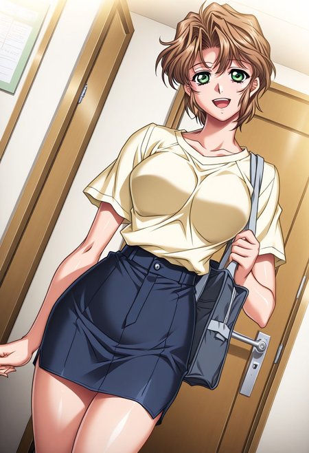 masterpiece, best quality, newest, highres, uncensored, 1girl, yokota mamoru style,1girl,
Hiizumi Hikaru,Brown Hair, Curtained Hair, Short Hair, Wavy Hair,Green Eyes,Slim
1girl, solo, green eyes, short hair, skirt, brown hair, bag, t-shirt, smile, shirt, door, dutch angle, open mouth, pencil skirt