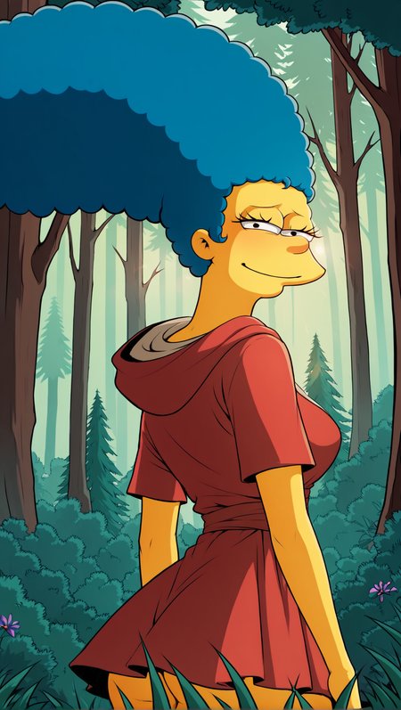 (Marge Simpson:1.1),Little Red Riding Hood,walks through the forest,The Simpsons by croc. colorful,sunlight,looking at viewer,score_9,score_8,score_7,score_8_up,score_7_up,score_6_up,<lora:Simpsons_by_Croc:0.7>,