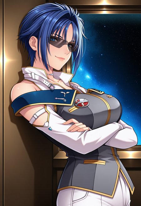 masterpiece,best quality,amazing quality, 
srwVltt,
1girl, solo, kouno sachiko (style),
blue hair, short hair, sidelocks,blue eyes, lips, large breasts,
vlttDef, uniform, choker, high collar, collarbones, bare shoulders, white shirt, grey vest, blue lapel, medals, white pants,
crossed arms, sunglasses, covered eyes, smile,
looking at viewer, from side, leaning back, against wall, crossed arms, 
spaceship interior, window, space,