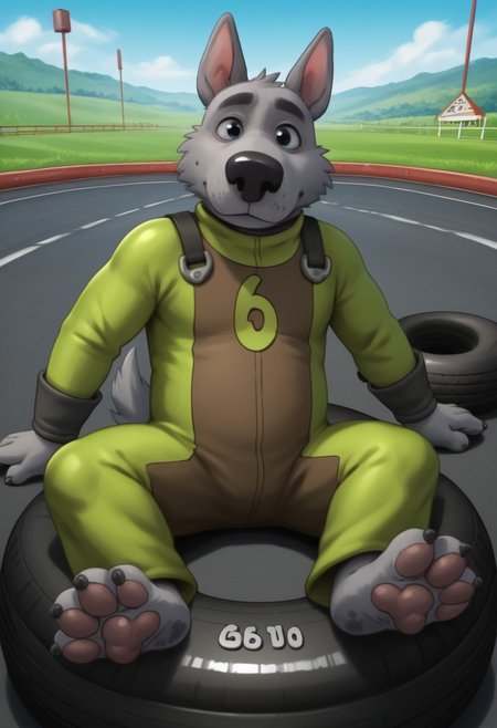 score_9, score_8_up, score_7_up, score_6_up, score_5_up, score_4_up, source_furry
anthro, ((1boy, solo)), Stinkbert, grey fur, big nose, terrier, dog, bodysuit, dirty fur, grey paws, big paws, big toes, poofy pawpads
BREAK
detailed background, raceway pitstop scenery, sitting on tire,