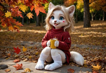  score_9, score_8_up, score_7_up, score_6_up, high res, detailed background, detailed face, detailed mouth, high detail, detailed fur, furry, fluffy, masterpiece, best quality, amazing quality, 
kalei ,white skin,
1girl, solo, anthro, long yellow hair, large bushy yellow tail, white fur, white limbs, digitigrade legs, , blue eyes, (child, kid)
in an oversized knitted sweater kneels in a pile of golden autumn leaves, her hands full of crimson maple leaves. Her cheeks are dusted with a soft blush, and her hair is adorned with a tiny acorn hairpin. She giggles as a breeze sends leaves swirling around her, one caught playfully in her tousled hair. A thermos of hot cocoa sits forgotten beside her, steam long gone, while sunlight filters through orange-tinted trees behind her,
1girl, autumn_leaves, fluffy_sweater, blush, sparkling_eyes, hairpin, kneehighs, fallen_leaves, smiling, wind_blown_hair, moe, cozy, outdoors, innocent_expression, cheek_marks, leaf_pile, thermos, rustic_aesthetic
, <lora:dreamkeepers_kalei_illus:1>,,fluffy