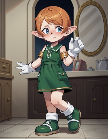 zPDXL, score_9, score_8_up, score_7_up, score_6_up, score_5_up, 4k, absurdres, 1girl, solo, <lora:Perfect Hands:0.8> Perfect Hands, 
<lora:TMoStH_v2-1-20:0.8> tmosth, flat color, sloppy coloring, <lora:Popipi_v1:0.6> popipi, lalafell, blue eyes, dark nose, freckles, orange hair, short hair, pointy ears, swept bangs, nervous, a-pose, person from the ancient roman era wearing a yellow short tunic with decorative borders, toga praetexta, high-laced sandals, signet ring, gold armband,carrying a bronze mirror, white gloves, sonic \(series\),