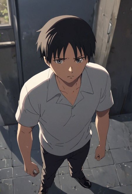 Highres, Masterpiece, High Quality, 4K, 8K, solo, 1Boy, Takaki Toono, adult, black hair, short hair, standing, straight facing upwards, casual, seen from above, arrogant face, dominant, intimidate, easynegative, detailed_eye_model