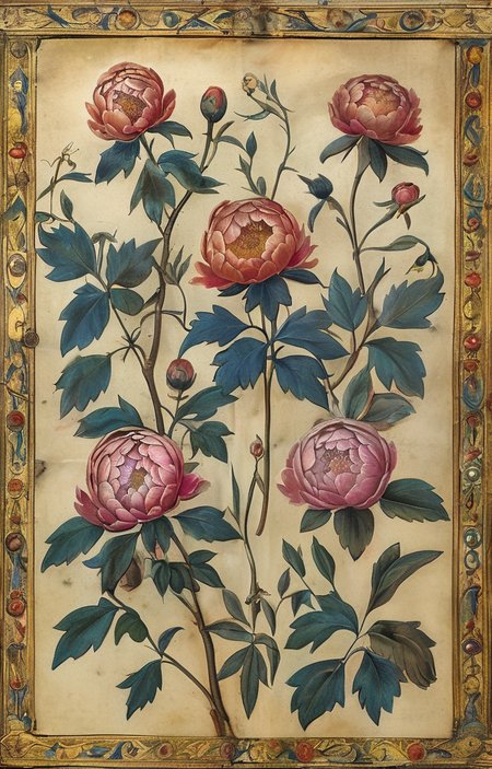 masterpiece,best quality,<lora:tbh294-sdxl:0.9>,illustration,style of Illuminated manuscript decaying peonies