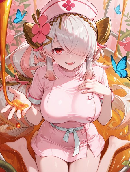 single tear, plant girl, traptrix pinguicula, 1girl, solo, blue butterfly, large breasts, sitting, barefoot, open mouth, looking at viewer, smile, fang, wariza, honey, honey on hand, pink flower hair ornament, white belt, nurse, nurse dress, outstretched hand, pink pinguicula, from above, nurse cap, hand on own chest,
masterpiece,best quality,amazing quality,very aesthetic,absurdres,newest,<lora:Traptrix Pinguicula illuXL v1:0.75>,