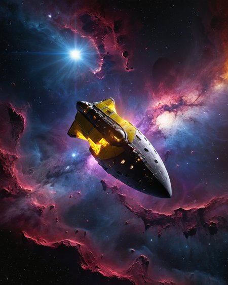 translucent ultraviolet spaceship, transparency, space, moon, shadows, realistic photo, hard science fiction, technology,  deepest black space, stars, colorful nebula, indigo, crimson, yellow, ultra resolution, <lora:add-detail-xl:0.9>,  <lora:xl_more_art-full_v1:0.7>