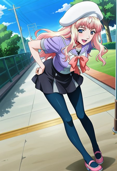 school, outdoor,
BREAK,
open smile, hands on hip,
full body, dynamic angle,
BREAK,
<lora:sherylX_illustriousXL_v01:0.9>
sheryl nome, sherylMihoshi, blonde hair, gradient hair, blue eyes, white beret, 
school uniform, pink bow, black skirt,  purple shirt, mini skirt, short sleeves, 
blue pantyhose, pink shoes,, source_anime, very aesthetic, anime coloring, masterpiece, 
best quality, amazing quality, ultra detailed, very aesthetic, 
detailed background, 
BREAK,