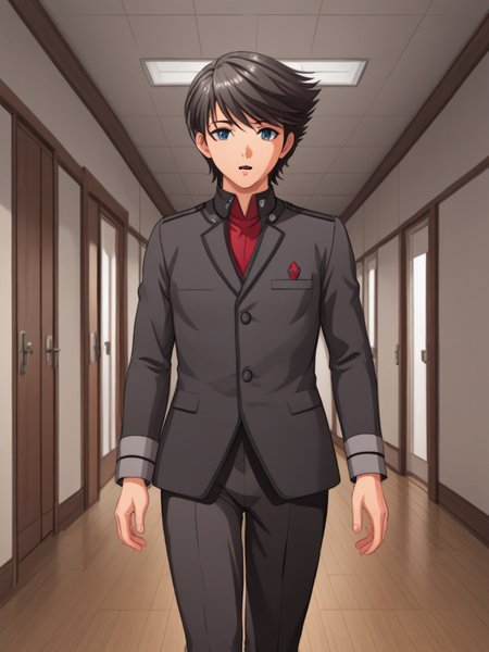 1boy, solo, ethantokiohollo, black hair, swept bangs, blue eyes,, black jacket, closed jacket, red shirt, black pants, school uniform, gakuran, emblem, indoors, school, corridor, walking, parted lips, cowboy shot,