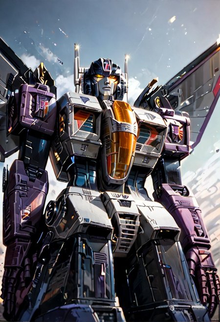 score_9_up, score_8_up, score_7_up,score_6_up, view from below, rating_safe, style_comics, transformers g1, ((decepticon))), transformers, starscream, robot with jet wings, green crystal in middle of chest, fans on sides of chest, vents on sides of head, black and purple, model pose,