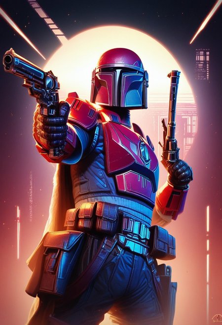 score_9,score_8_up,score_7_up, 7-MandalorianArmour, solo, gloves, 1boy, helmet, Hood, blaster, science fiction, tattered cape,  Red armour, black armour trim, fractal patterns, eagle decal pauldrons, intricate patterns, BREAK dual pistols, aiming pistols, low angle, unique angle, domineering pose, neon cyberpunk city, aliens, relections, <lora:Mandalorian Armour PONY:1>, zPDXL2, d4rkv1b3, <lora:xl_more_art-full_v1:1>