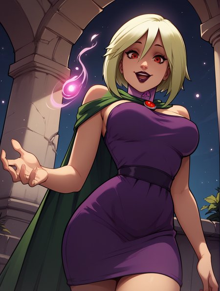 score_9, score_8_up, score_7_up,score_6_up, score_5_up, score_4_up , 1girl, solo,
large breasts, 
Vilga, 
blonde hair, short hair, red eyes, lipstick, bangs,
 purple dress, bare shoulders, thighighs, green cape,
ruins, night, pillar, light particles,
from below,
smile, open mouth, 
magic,
looking at viewer, 
 <lora:Vilga DG PonyXL V1-000003:1>