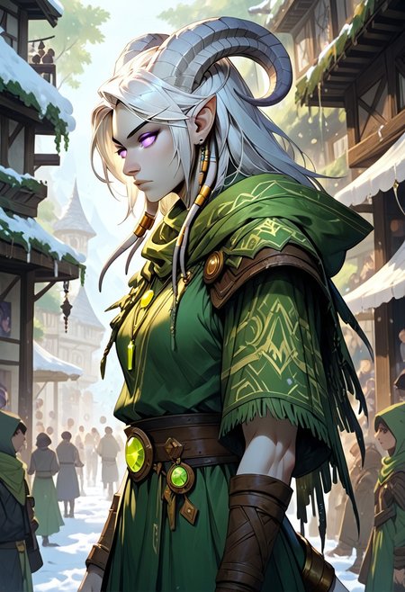 masterpiece, score_9, score_8_up, score_7_up, score_6_up, world of warcraft, fantasy, <lora:add-detail-xl:1.5>, 
fFaceDetail, (female, draenei, h0rns, ram horns, white horns, tall, athletic arms, pale white skin, long white hair, purple eyes, long white tail, long fingers), 
upper body, side view, stern look, 
(long loose green dress, tail under dress, green silk scarf with white details, simple armlet, small yellow gem pendant, green hood), GunMonk, shotgun, 
depth of field, outdoor, snowy market, busy fantasy market, daytime, (people in background, crowds of humans, varying outfits of different colours, fantasy clothing, warm clothing)
