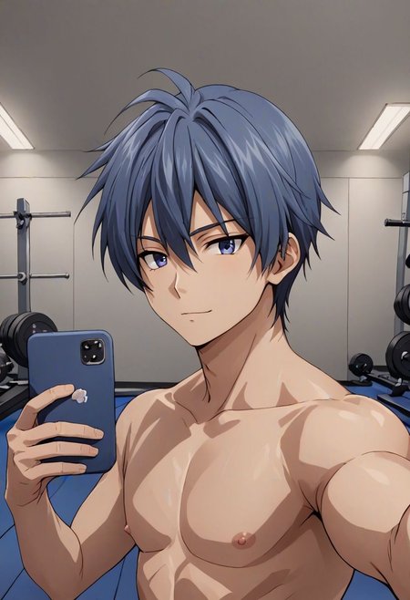 high resolution, solo, best quality, 1Boy, Tomoya Okazaki, Grey Blue Hair, Gym, sixpack, shirtless, selfie, OverallDetail