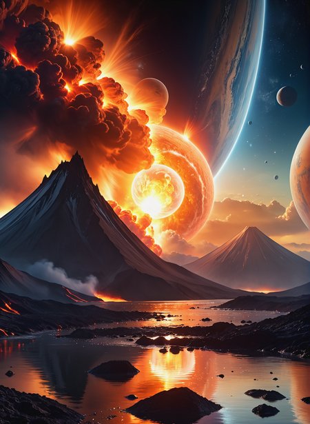 ((Cinematic film screensaver)), ((futuristic picture)), birth of the planet, celestial action scene, science fiction film Solaris, story Stanislav Lem, science fiction space, science fiction story about space travel, volcano planet, ((fire)), air currents, water drops, dynamic pose, tender, soft pastel colors, soft natural volumetric light, atmospheric, sharp focus, centered composition, complex background, soft haze, masterpiece, animalistic, beautiful, tiny detailed, ultra fine, dramatic lighting, (full body realistic photo), ((frame filled with various details)), soft lighting, (Highly Detailed:1.6), <lora:add-detail-xl:1.2>, ((professional photo)), ((64 megapixels)), HDR, (((ultra high quality))).