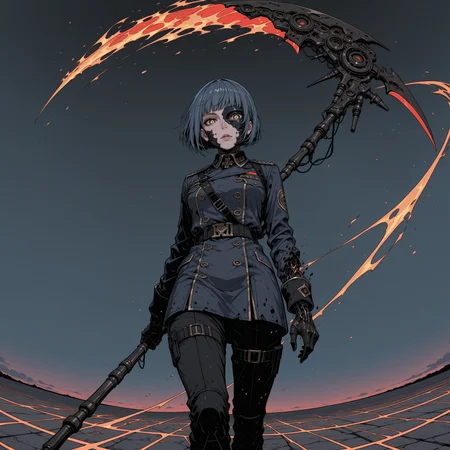 Sinozick_illu,gradient,spot color, smooth quality, panorama, horizon, masterpiece, best quality, good quality, newest, highres, absurdres, fisheye, from below, golden cog and gear background, circuits, 8k, red palette, 1girl, military uniform,  half mask, Navy blue hair, Blunt haircut, violet, fire_pupils,  holding scythe, looking at viewer, (slashing effect:1.4), (trail effect 1.3), (disintegration effect:1.2) dynamic pose, ambient occlusion, digital art, masked transparent flat background <lora:add-detail-xl:2>  <lora:Sinozick_style:0.8>