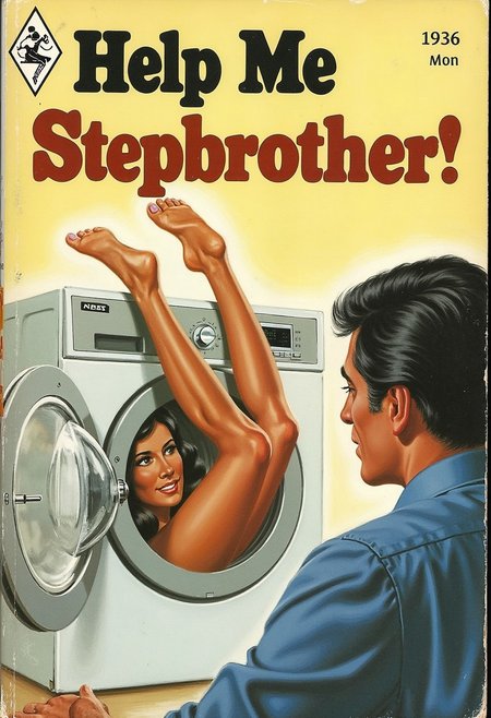 Book cover: "Help Me Stepbrother!". A woman's legs sticking out of a front-loading washing machine, implying that she is stuck inside of the machine.
Point of view is taken from behind the man's head, looking on at the scene.
rmcebkCE style