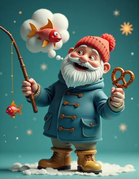 A jolly 3D-animated grandpa, his rosy cheeks glowing like sugarplums, wears a scarlet beanie tilted jauntily over snow-white whiskers. A woolen azure coat with brass-button details hugs his rounded frame, while sunshine-yellow galoshes peek beneath. He hoists a vintage bamboo fishing rod, a cartoonish ruby-red fish dangling merrily (its scales shimmering with pearlescent gradients). A golden-brown pretzel in his opposite hand glows faintly, as twin thought bubblesâone puff-cloud, one sunburstâfloat above. The teal backdrop softens into a frosted gradient, with bokeh snowflakes twinkling like fairy lights. Volumetric lighting highlights his twinkling eyes and the fishâs mischievous grin.
_________
dramatic beauty, otherworldly quality, soft lighting, shallow depth of field, high detail, dynamic composition, cinematic shot, film grain, balanced shadows, harmonic colors, emotional depth, symbolic meaning, innovative props/costumes, timeless elegance, modern themes, iconic imagery, unforgettable moment, captivating beauty, stunning impact, thought-provoking, artistic vision, masterful execution.
<lora:cheats:0.4> <lora:NOOB_vp1_detailer_by_volnovik_v1:0.5> <lora:- Flux1 - soothing_atmo_V2.0:0.1>