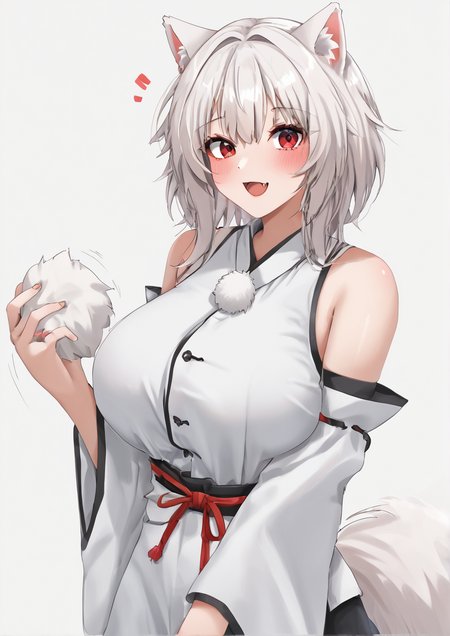 1girl, inubashiri momiji, huge breast, animal ears, blush, detached sleeves, fang, holding own tail, looking at viewer, medium hair, open mouth, pom pom (clothes), red eyes, shirt, sleeveless, sleeveless shirt, solo, tail, upper body, white hair, white shirt, wolf ears, wolf tail,  <lora:Yobi:1>