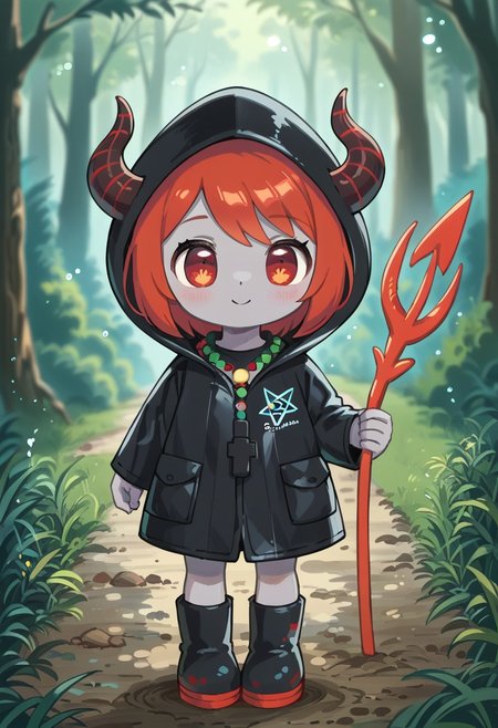 score_9, score_8_up, score_7_up, BREAK
highres, highly detailed, high resolution, high quality, 
source_anime, anime screencap, saturation, vivid colors, 
1girl, solo, luce, full body, standing, demon girl,
(dark red hair:1.2), (big dark red eyes:1.1), medium hair, cute, (grey skin:1.1), (horns:1.2), 
(long black raincoat:1.1), black rubber boots, 
pentagram necklace, holding one red trident, 
cute, bokeh,
blurry background, forest background, path,
Illustration by Lobel