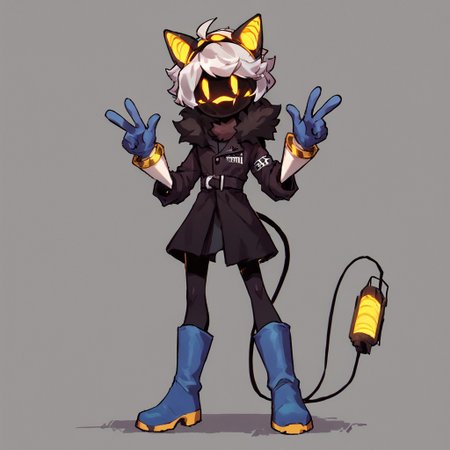 score_9, score_8_up, score_7_up, score_6_up, score_5_up, easynegative, Murder Drones, murderdrone Robot, ((Pink and Green Eyes)), ((((Screen Face, Screen covers entire face)))), no mouth, Yellow Visor, Silver Hair, Headphones, Tail, Stinger Tail, Leather Jacket, Fur Collar, Red Fur Collar, expressive eyes, happy, rave background, blue boots, blue gloves, no face