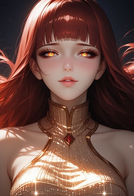 score_9, score_8_up, score_7_up, source_anime, Expressiveh, upper body shot, 1girl, parted lips, looking at you, <lora:zs_SahoriXL_1:1> sahorismtv, long hair, blunt bangs, red hair, glowing orange eyes, (beautiful face, beautiful eyes, angular eyes, beautiful makeup, eyeliner, eye shadow, foundation, light blush, eye lashes), medium breasts, thick thighs, curvy, full lips, revealing dress, In a shimmering black sequined dress, (boob window, naval), (shiny:1.5) (sequined:1.3), waiting for you, night background, epic, happy, bare legs, underboob, detailed background, looking at you, seductive smile, blush, ((looking at viewer), lidded eyes), feel good, shy, blushing, lascivious, round tits, teasing, rewarding, BREAK detailed face, intricate details, naturalism, hyper detailed,