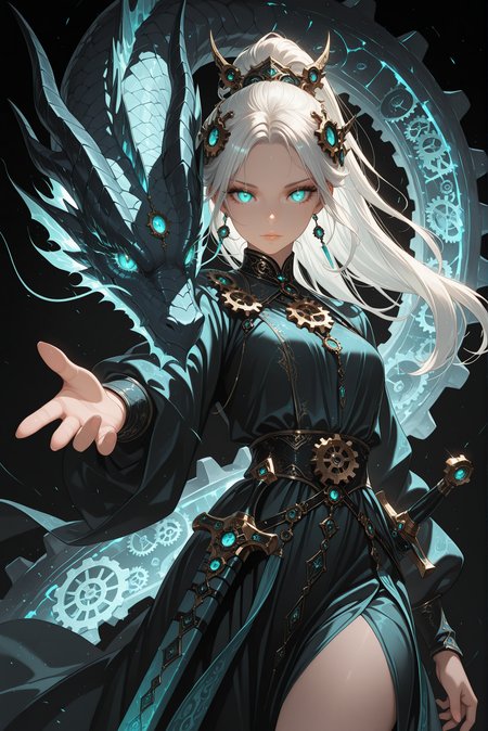 masterpiece, best quality, 1girl, black background, blue eyes, closed mouth, cowboy shot, dragon, dress, earrings, eyelashes, gears, glowing, glowing eyes, green eyes, hair ornament, jewelry, lips, long hair, looking at viewer, outstretched arm, ponytail, sheath, white hair, <lora:Oliv2b:1>, oli
