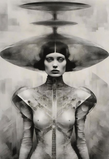 Monochrome black and white, Giger, Beksinski, Zawadzky, Dali, Magritte, Delvaux, Bellmer, Malevitch, Rodchenko, Mondrian, Kandinsky, Popovna, psychedelic hallucination, pop surrealism, rough crosshatch drawing pop art Lunatic_Portrait of a young woman in latex Avant-garde Fashion page, slick back, low bun, black makeup, sinister expression, intense glare, avant-garde, abstract, weird, geometric, constructivism, suprematism, rayonism, verticism, lineism, tj
