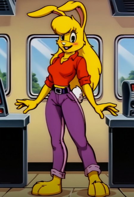 score_9, score_8_up, score_7_up, score_6_up, score_5_up, score_4_up, retro artstyle, BREAK 
LoriJackRabbitPXL, rabbit girl,long yellow hair,yellow skin,1girl, solo,rabbit tail,yellow skin, animal ears, pants, black eyes, colored skin,rabbit ears,long yellow hair, belt, smile, shirt, black belt, open mouth, looking at viewer,rabbit girl,rabbit tail, full body, breasts, standing, furry female, blush, red shirt,purple pants, :d, indoors,barefoot,furry, midriff peek
<lora:lorijackrabbit-v1:0.9>