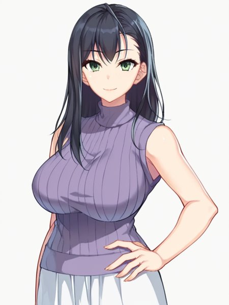 score_9, score_8_up, score_7_up,  
1girl, nakaidou chihiro, long hair, black hair, green eyes, large breasts,

looking at viewer, smile, closed mouth, hand on hip,
white skirt, purple sweater, sleeveless,
standing, upper body, 
white background, solo,