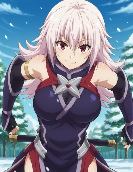score_9, score_8_up, score_7_up, source_anime, <lora:matsuri-kazamaki-s1-v2-ponyxl-lora-nochekaiser:1>, matsuri kazamaki, long hair, red eyes, pink hair, hair between eyes, sidelocks, large breasts,, gloves, bare shoulders, black gloves, elbow gloves, fingerless gloves, ninja, snow day, winter clothes, snowball fight, laughter, cold breath, white landscape, smile, looking at viewer, hands behind back, bent over,, solo,, cowboy shot, dutch angle,