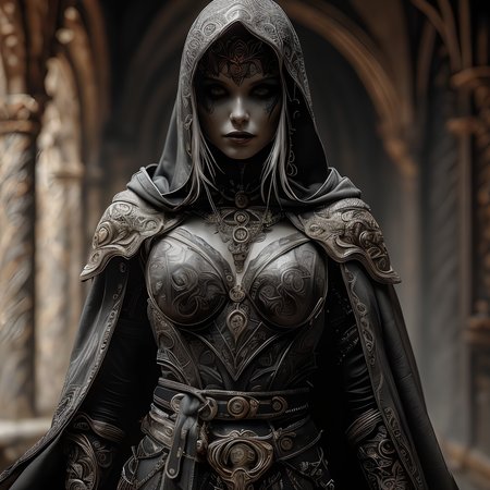 RAW photo, (masterpiece:1.3), subsurface scattering, heavy shadow, (high quality:1.4), (intricate, high detail:1.2), professional photography, HDR, High Dynamic Range, realistic, ultra realistic, photorealistic, high resolution, film photography, ambient lighting, atmospheric effects, <lora:detail_slider_v4:2>, OverallDetail, a female drow assassin, dark makeup, leather armor, bracers, belt, jewelry, cape, hood, <lora:Drow:1>,  epiCPhoto
