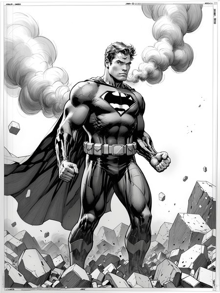 jimlee score_9 score_8_up score_7_up action scene movie stil male focus 1boy monochrome superhero cape solo greyscale clenched hands signature (traditional media) debris, massive muscular ,belt ,bodysuit, smoke ,hatching (texture) ,destruction, rock, dust ,best quality ,masterpiece, 4k, uncensored perfect lighting rating_explicit very aesthetic <lora:JimLee:0.9>