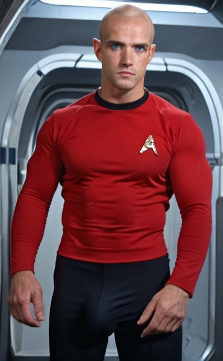 1boy, 20 year old male, Handsome, masculine, blonde, star trek, red shirt, muscle,  tall, tight shirt, wide pectorals, big shoulders, wide shoulders, muscular neck, German, standing at attention, bald, big pale blue eyes, abs, biceps, serious facial expression, phaser, hand, long bulge in his pants,
1960 black dress pants, pants,
stunf, star trek uniform, uss enterprise ncc-1701 interior background, star trek, space ship interior, 1960s TV,